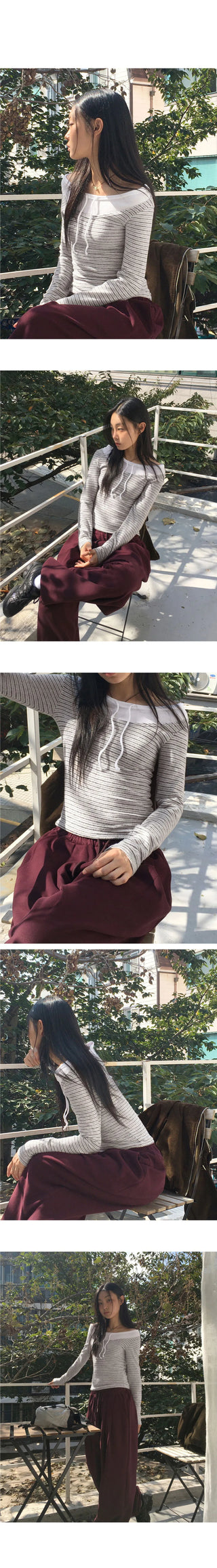 Lasso Stripe Strap Layered Outer Fleece-lined Color Block Off-Shoulder T-Shirt