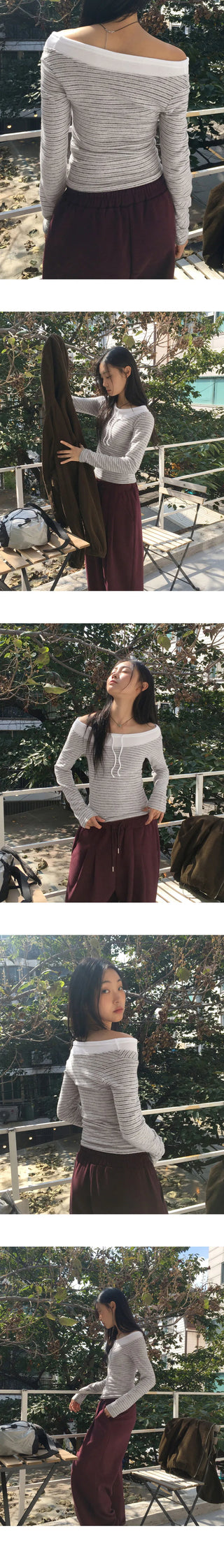 Lasso Stripe Strap Layered Outer Fleece-lined Color Block Off-Shoulder T-Shirt