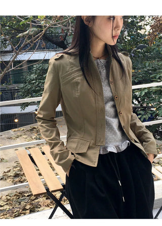 Femo Vintage High Neck Collar Button Cotton Jacket