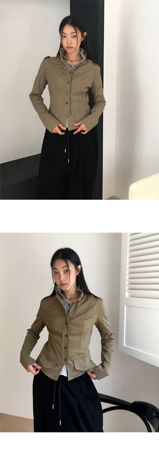 Femo Vintage High Neck Collar Button Cotton Jacket