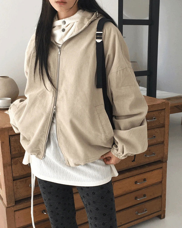 Seedon Corduroy Golden Two Way Hooded Zip-Up Jacket