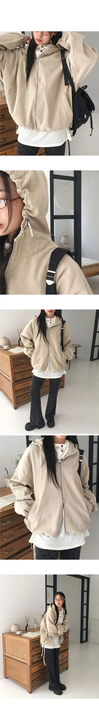 Seedon Corduroy Golden Two Way Hooded Zip-Up Jacket