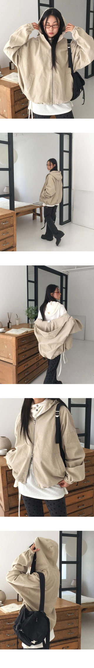 Seedon Corduroy Golden Two Way Hooded Zip-Up Jacket