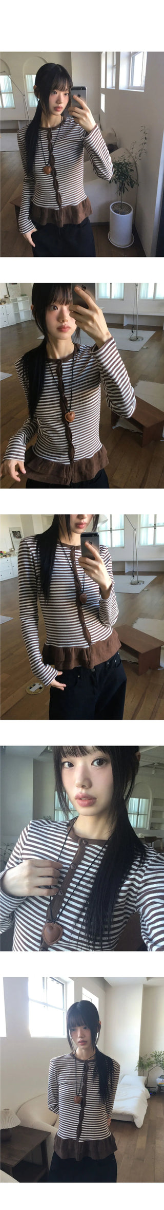 Mocquer Stripe Frill Punching Heart Button Cardigan