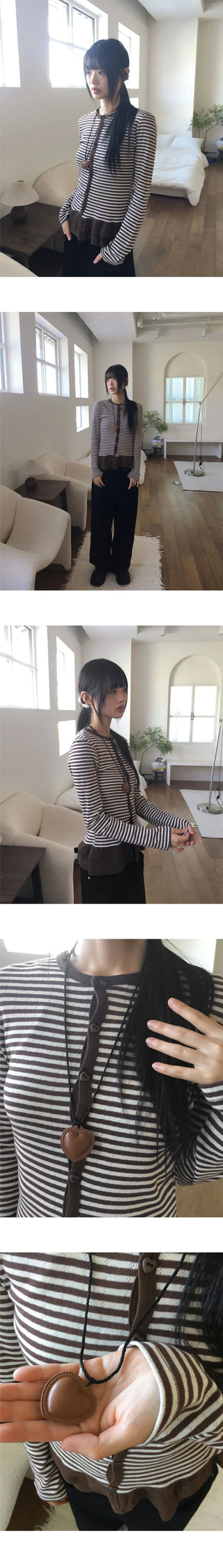 Mocquer Stripe Frill Punching Heart Button Cardigan