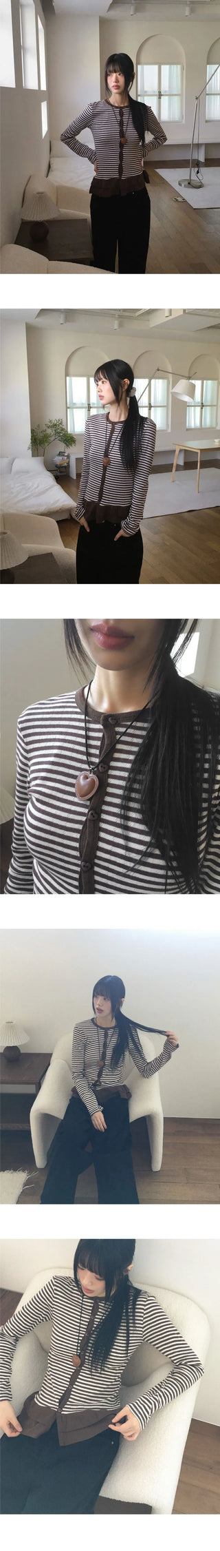 Mocquer Stripe Frill Punching Heart Button Cardigan