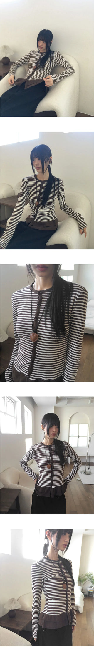 Mocquer Stripe Frill Punching Heart Button Cardigan