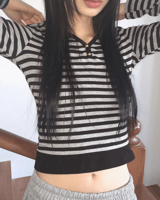 Odell Stripe Button Crop Hooded T-Shirt