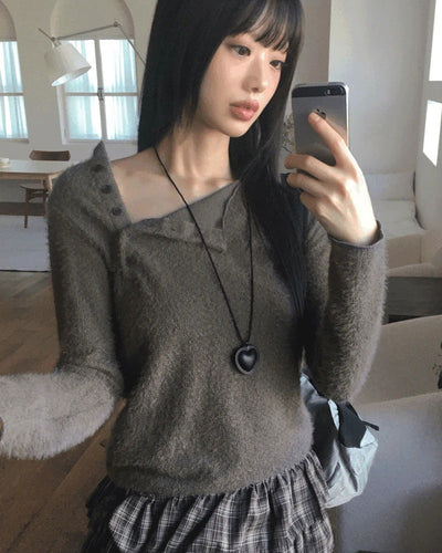 Weft Unbalanced Button Team Angora Pine Needle Knitwear