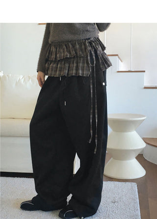 Marver side hem snap Fleece-lined wide twill pants