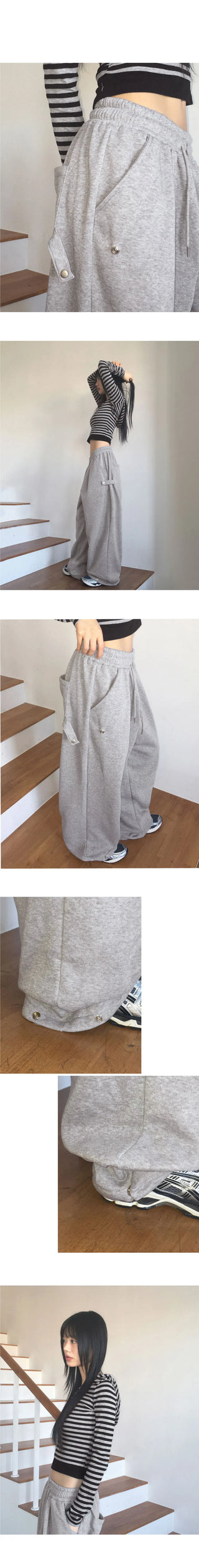 Marver side hem snap Fleece-lined wide twill pants