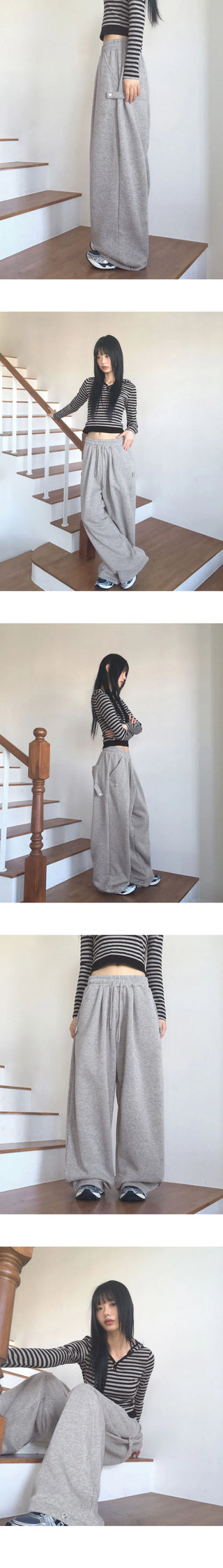 Marver side hem snap Fleece-lined wide twill pants