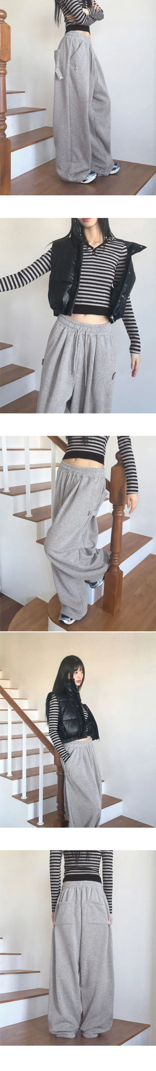 Marver side hem snap Fleece-lined wide twill pants