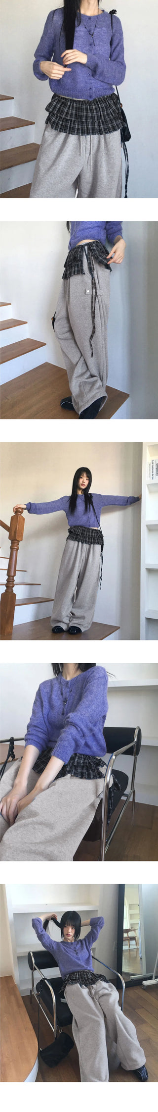 Marver side hem snap Fleece-lined wide twill pants