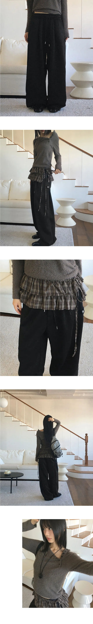 Marver side hem snap Fleece-lined wide twill pants