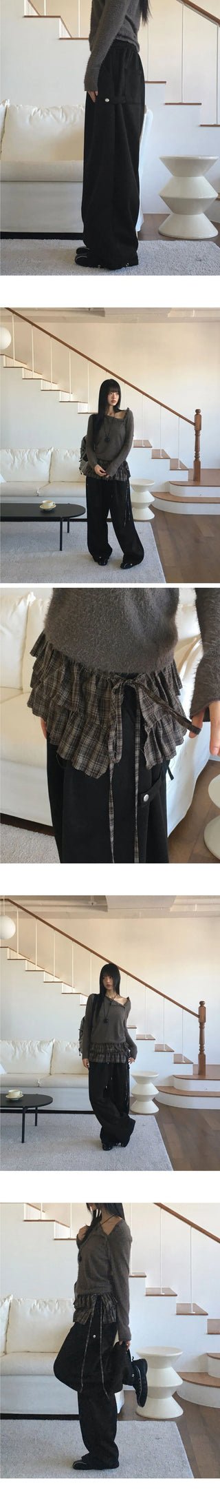 Marver side hem snap Fleece-lined wide twill pants