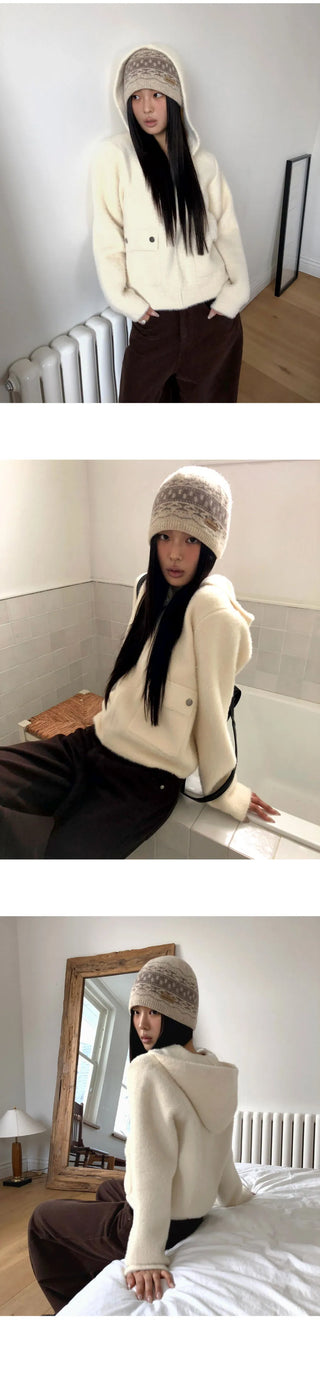 Luyou Pocket Knitwear Hooded Zip-up