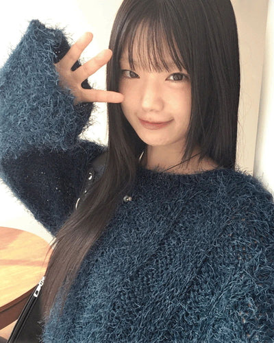 Aqua Boatneck Off Shoulder Ribbed Pine Needle Angora Knitwear
