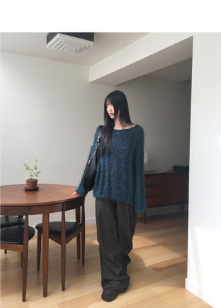 Aqua Boatneck Off Shoulder Ribbed Pine Needle Angora Knitwear