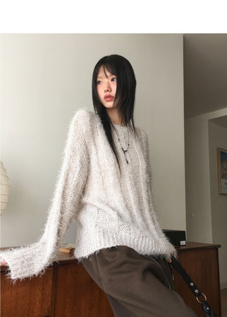 Aqua Boatneck Off Shoulder Ribbed Pine Needle Angora Knitwear