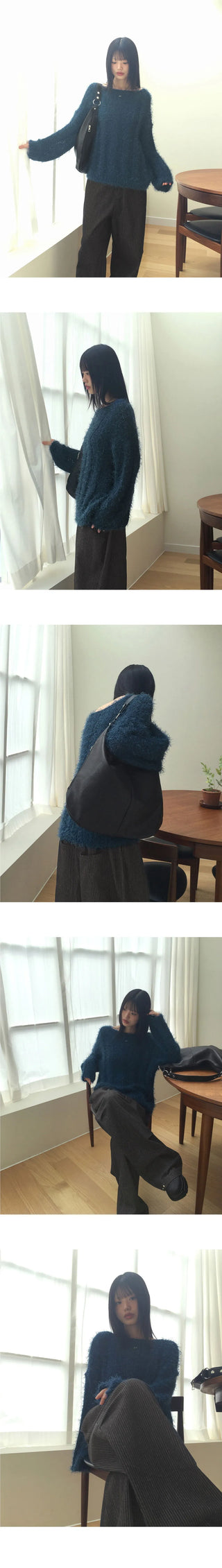 Aqua Boatneck Off Shoulder Ribbed Pine Needle Angora Knitwear