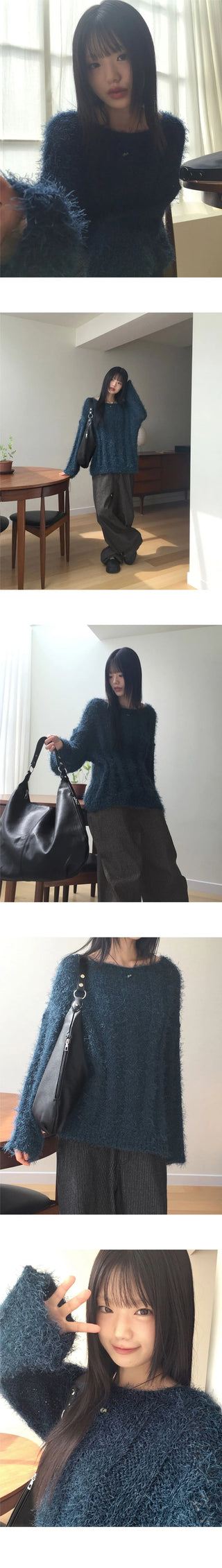 Aqua Boatneck Off Shoulder Ribbed Pine Needle Angora Knitwear