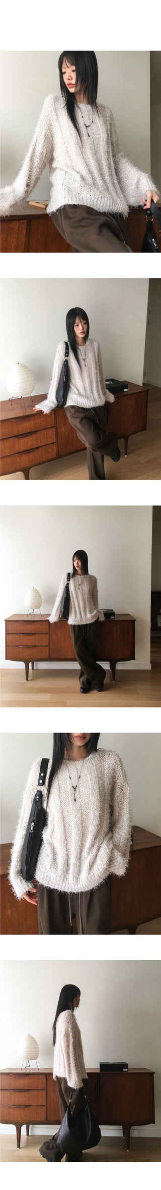 Aqua Boatneck Off Shoulder Ribbed Pine Needle Angora Knitwear