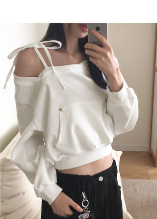 Arting One Off Shoulder Rivet Hooded Crop Sweatshirt