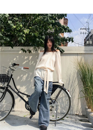 Riton Strap Boat Neck Off Shoulder Long Knitwear T-Shirt