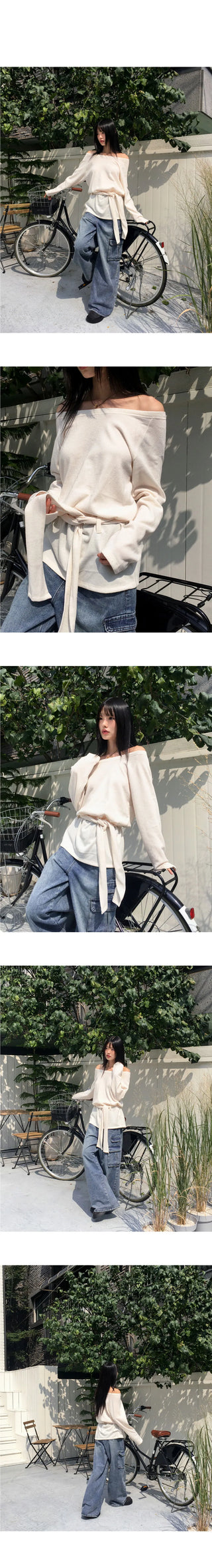 Riton Strap Boat Neck Off Shoulder Long Knitwear T-Shirt