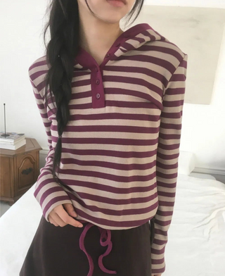 Tez Stripe Half Button String Hooded T-Shirt