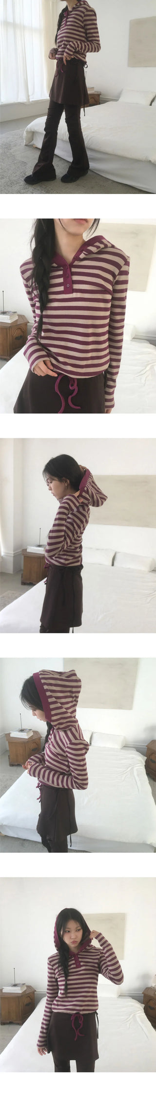 Tez Stripe Half Button String Hooded T-Shirt