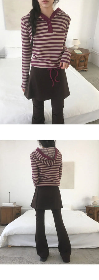 Tez Stripe Half Button String Hooded T-Shirt