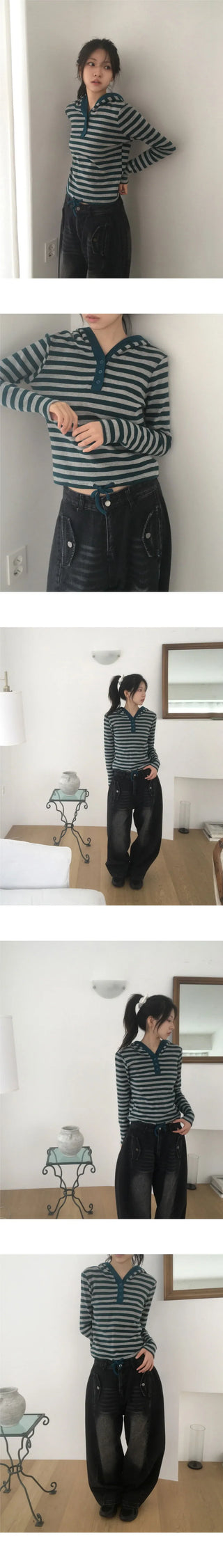 Tez Stripe Half Button String Hooded T-Shirt