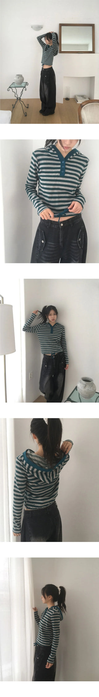 Tez Stripe Half Button String Hooded T-Shirt