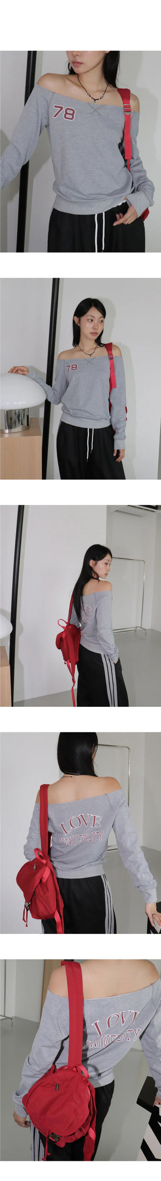 Linbu 78 Patch Off Shoulder Sweatshirt