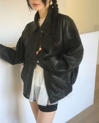 Bloom Vintage Faded Pocket Boxy Leather Jacket