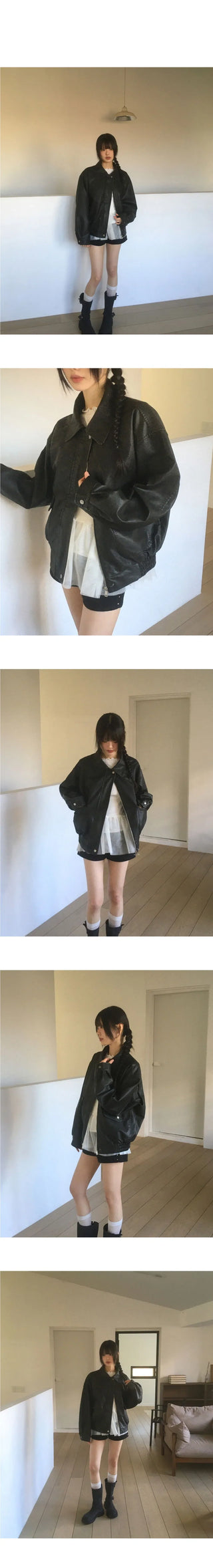 Bloom Vintage Faded Pocket Boxy Leather Jacket
