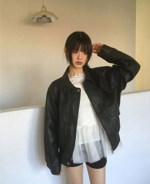 Bloom Vintage Faded Pocket Boxy Leather Jacket