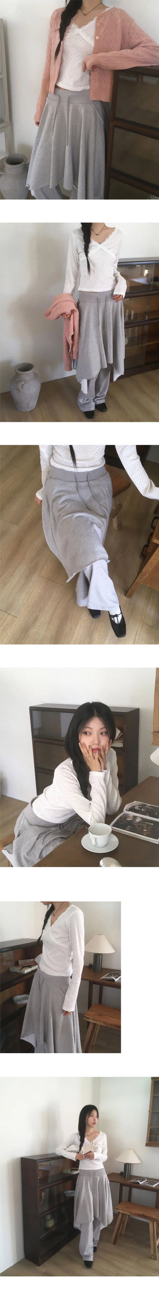 Dilly Juri Color Blocking Uneven A-Line Layered Midi Skirt