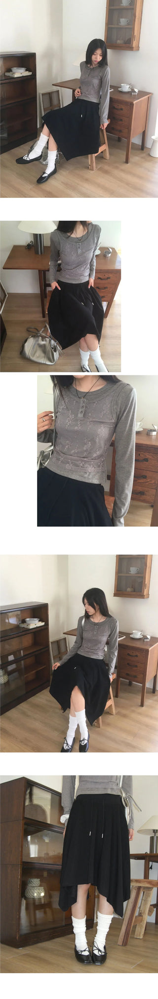 Dilly Juri Color Blocking Uneven A-Line Layered Midi Skirt