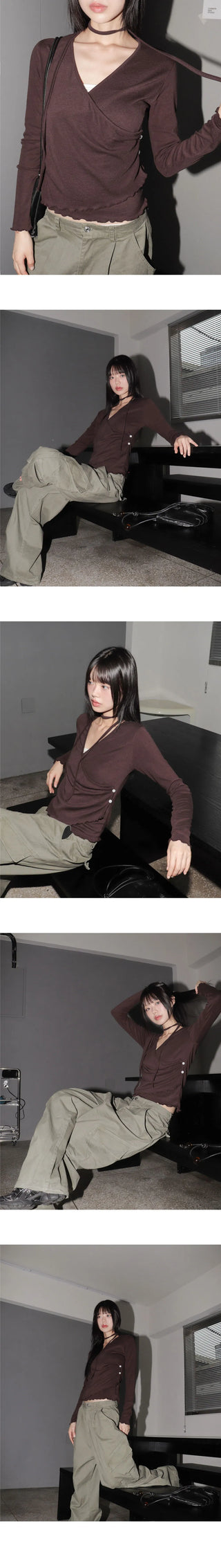 Hiker Tie Strap Muffler Wrap Button Long Sleeve T-Shirt