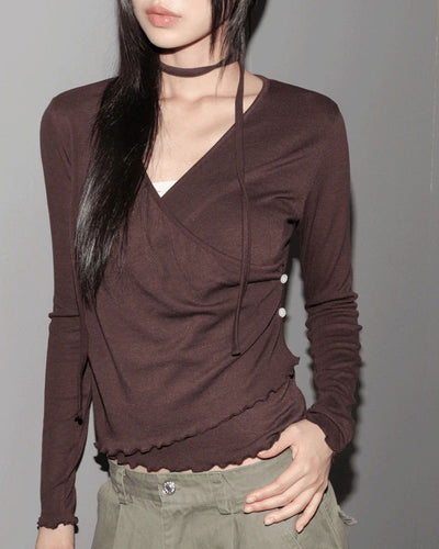 Hiker Tie Strap Muffler Wrap Button Long Sleeve T-Shirt