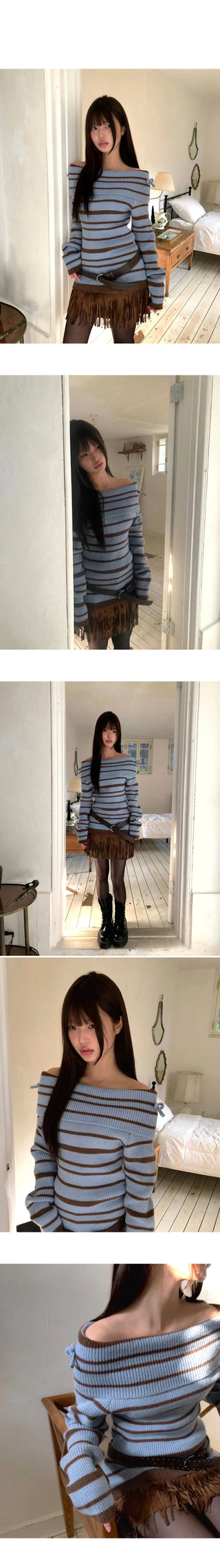 Mina Fold Slim Fit Ribbon Off-Shoulder Two-Color Stripe Knitwear