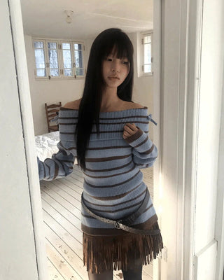 Mina Fold Slim Fit Ribbon Off-Shoulder Two-Color Stripe Knitwear
