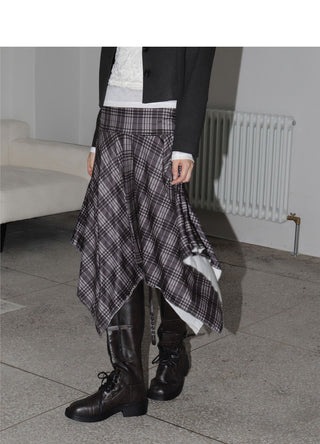 BURNISHED CHECK FOLDING UNBAL FLARE MIDI SKIRT