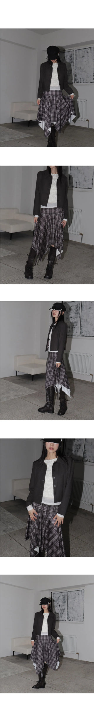 BURNISHED CHECK FOLDING UNBAL FLARE MIDI SKIRT