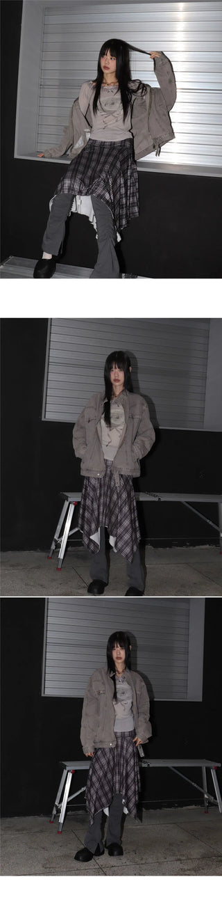 BURNISHED CHECK FOLDING UNBAL FLARE MIDI SKIRT