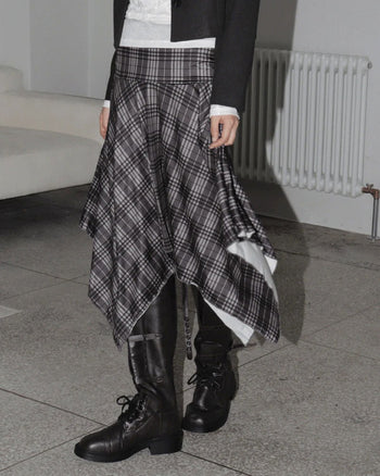 BURNISHED CHECK FOLDING UNBAL FLARE MIDI SKIRT