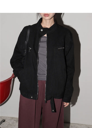 Enjet Zipper Pocket Overfit Boxy Denim Zip-Up Jacket